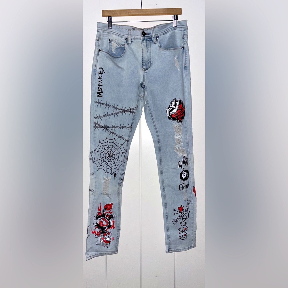 Ninth Hall Rogue Skinny Light Wash Tapered Jeans Men 32 Skater Screen Print Edgy